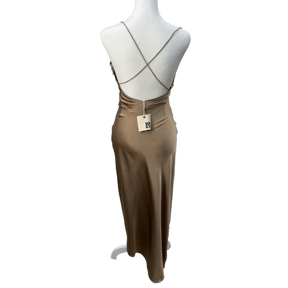 SER.O.YA Womens Size XS Emma Dress Brown Silk Ruched High Slit Strappy Back NWT - Picture 9 of 13